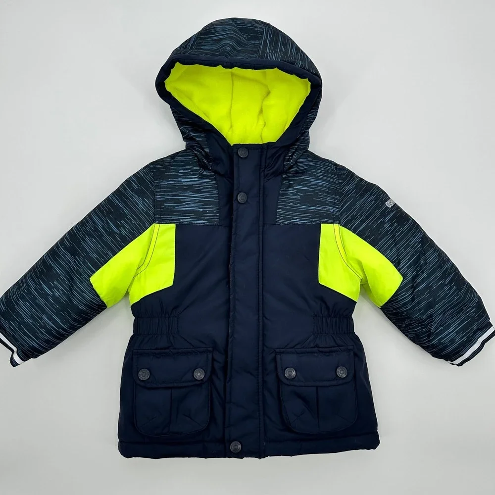 OshKosh B'gosh‎ Navy Blue Neon Yellow Trim Hooded Winter Jacket Kids 24M